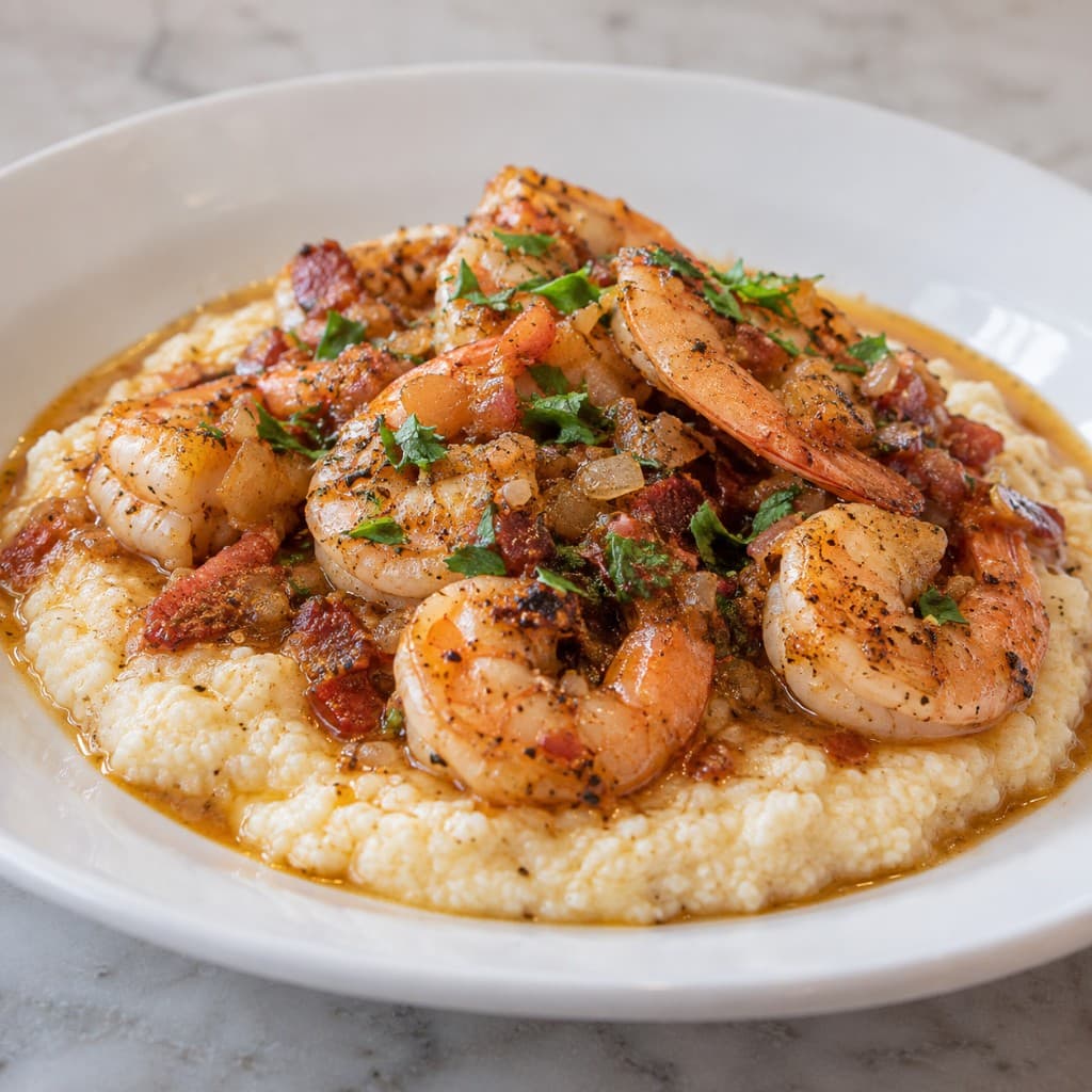 Charleston style shrimp and grits with bacon and parsley