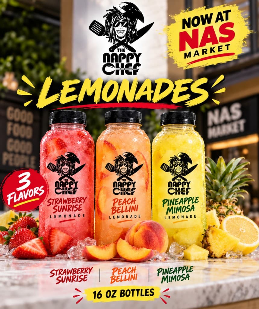 The Nappy Chef lemonades flyer — Strawberry Sunrise, Peach Bellini, Pineapple Mimosa